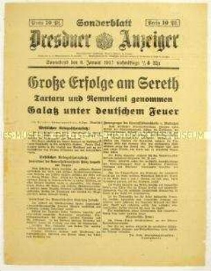 Nachrichtenblatt des "Dresdner Anzeiger" mit Kurzmeldungen von verschiedenen Kriegsschauplätzen
