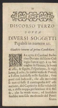 Discorso Terzo Sopra Diversi Soggetti Papabili in numero 21.