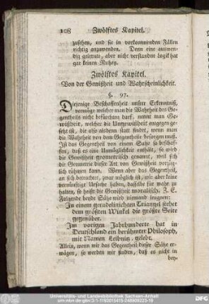 Zwölftes Kapitel. Von der Gewißheit und Wahrscheinlichkeit.