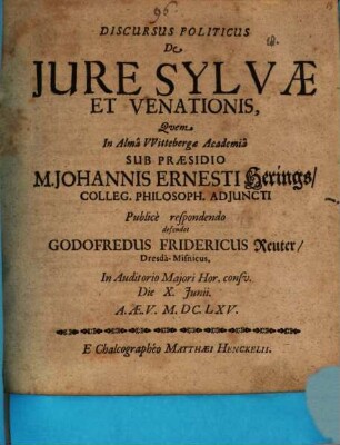 Discursus polit. de iure silvae et venationis