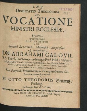 Disputatio Theologica De Vocatione Ministri Ecclesiae