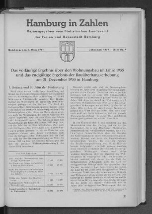 Das vorläufige Ergebnis über den Wohnungsbau im Jahre 1955 und das endgültige Ergebnis der Bauüberhangserhebung am 31. Dezember 1955 in Hamburg