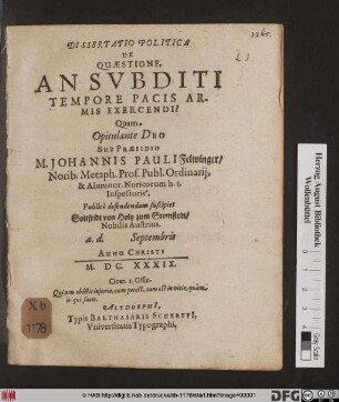 Dissertatio Politica De Quaestione An Subditi Tempore Pacis Armis Exercendi?