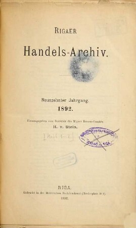 Rigaer Handels-Archiv. 19. 1892