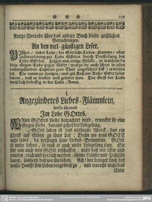I. Angezündetes Liebes-Flämmlein, herfür scheinend Im Lobe Gottes