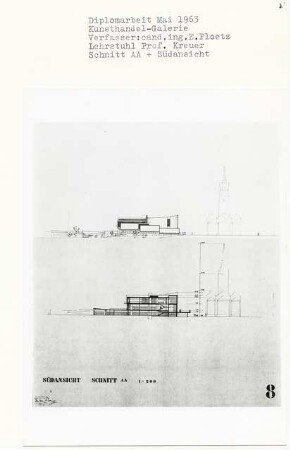 Kunsthandel-Galerie (Diplomarbeit bei Willy Kreuer): Ansicht von Süden und Schnitt 1:200