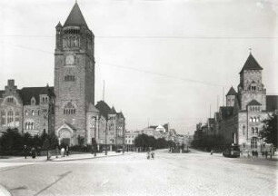 Posen, Martinstraße : Posen (heute Poznan/Polen). Martinstraße. Blick gegen das Kaiserschloss (1905/1910; F. H. Schwechten) von Südwesten
