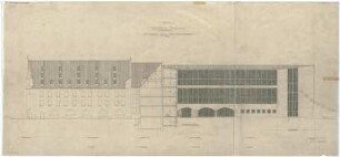 Gsaenger, Gustav; München; Stadtmuseum, Erweiterung - Erweiterung 1. Bauabschnitt, Tektur, Südostseite Bauteil Oberer Anger Hofseite (Ansicht m. Schnitt)