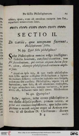 Sectio II: De variis, quae umquam fuerunt, Philosophorum sectis