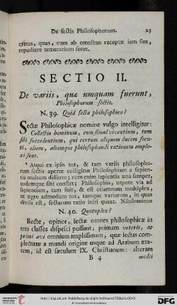 Sectio II: De variis, quae umquam fuerunt, Philosophorum sectis