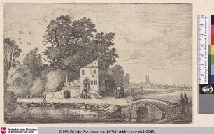 [Steinbrücke nahe eines Gasthofes; Stone Bridge near an Inn]