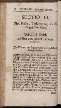 Sectio III. Ehe-Pacta, Testamenta, Codicilli und Donationes.