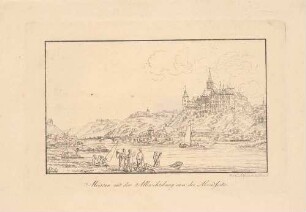 Stadtansicht von Meißen, Blick von Norden über die Elbe auf die Brücke (fünfter Zustand 1815 bis 1866), darüber das Schloss Siebeneichen und die Martinskapelle, rechts Altstadt und Burgberg mit Albrechtsburg und Dom