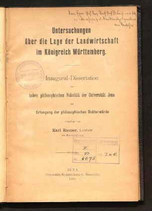 Untersuchungen über die Lage der Landwirtschaft im Königreich Württemberg