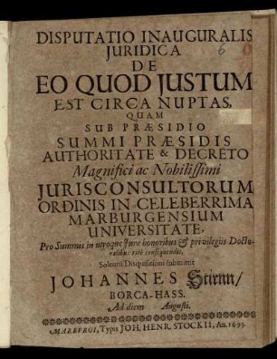 Disputatio Inauguralis Iuridica De Eo Quod Iustum Est Circa Nuptas