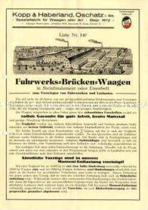 Liste Nr. 140 / Fuhrwerks-Brücken-Waagen in Steinfundament oder Eisenbett