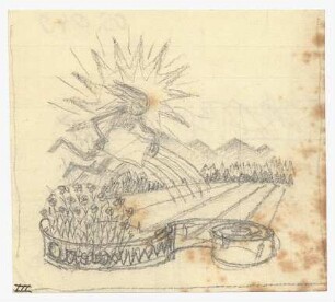 Exlibris-Studie für Gustav Windel : Berglandschaft mit Feldern im Vordergrund, übergroße Sonne, fliegende Person die Felder gießend, Namensband unter der Darstellung; nummeriert