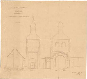 Seidl, Gabriel von; Steinach; Schlossneubau - Westflügel der Hofeinfassung, Nordseite (Ansicht). Turm (Schnitt, Längsschnitt)