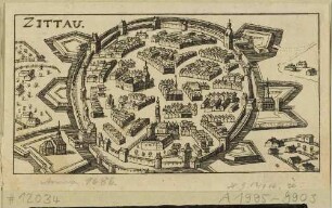Vereinfachte Stadtansicht von Zittau in Sachsen mit mittelalterlicher Stadtmauer, aus der Vogelperspektive, von 1686
