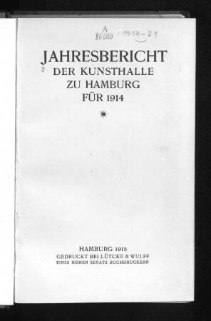 1914(1915): Jahresbericht der Kunsthalle zu Hamburg