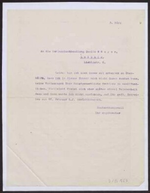 Schreiben an die Verlagsbuchhandlung Quelle & Meyer, Leipzig (Brief)