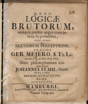 Logicae Brutorum, antiquis pariter atque veris innixae hypothesibus, Caput Primum De Brutorum Perceptione