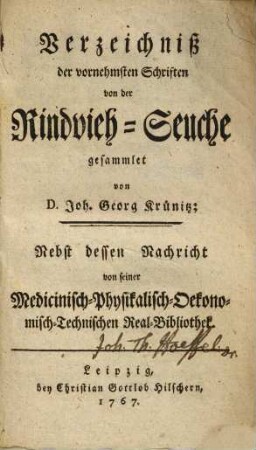 Verzeichniß der vornehmsten Schriften von der Rindvieh-Seuche