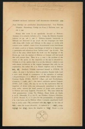 599-604, Rezension , in: Hebrew-Aramaic Lexicon And Grammar-Margolis