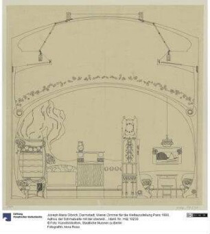 Darmstadt, Wiener Zimmer für die Weltausstellung Paris 1900, Aufriss der Schmalseite mit der überwölbten Nische