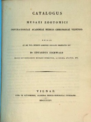 Catalogus Musaei zootomici imperatoriae Academiae medico-chirurgicae Vilnensis