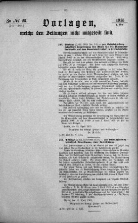Anlage: zu No.23 (243-246), Vorlagen, welche den Zeitungen nicht mitgeteilt sind