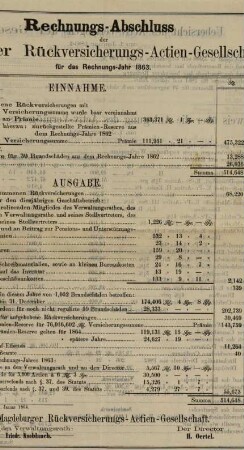 Rechnungs-Abschluss Magdeburger Rückversicherungs-Actien-Gesellschaft für das Rechnungs-Jahr 1863. : Magdeburg, den 1. Januar 1864.