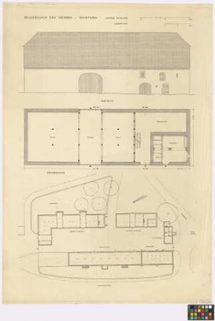 Belgershain (Kreis Grimma): Schäferei. - Lageplan mit oberer Scheune (Grundriss), unterer Scheune (Grundriss), Wohnhaus (Grundriss), Speicher (Grundriss), Schafstall (Grundriss). - untere Scheune (Grundriss, Seiten-Ansicht)