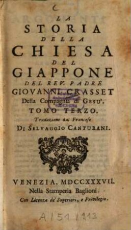 La storia della chiesa del Giappone del Padre Giovanni Crasset della Compagnia di Gesù, T. 3