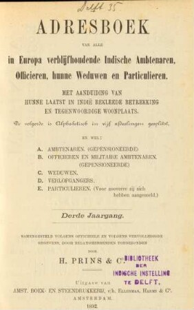 3.1892/93: Adresboek van alle in Europa verblijfhoudende Indische ambtenaren, officieren en weduwen