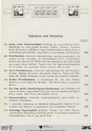 Fayencen und Porzellan, Email und Bijou, Bronze (Nr. 407-444)
