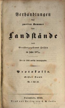 Verhandlungen der Zweiten Kammer der Landstände des Großherzogthums Hessen. Protokolle. 1844/45,1 (1845)