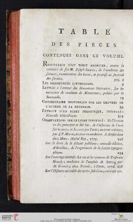 Table des pieces contenues dans ce volume