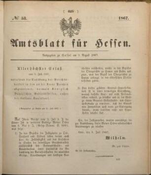 № 53. Ausgegeben zu Cassel am 3. August 1867.