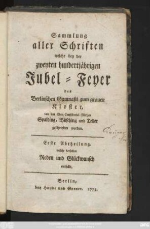 Abtheilung 1: Welche derselben Reden und Glückwunsch enthält