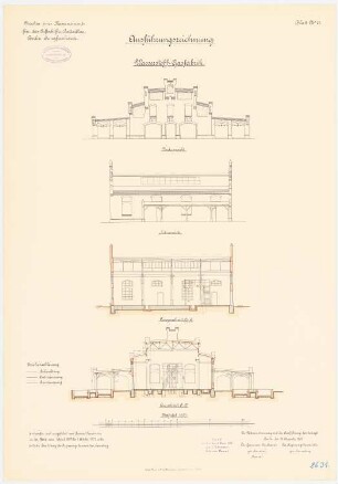 Kaserne für das Luftschiffer-Bataillon, Berlin-Jungfernheide: Wasserstoff-Gasfabrik: Querschnitt Längsschnitt Vorderansicht Seitenansicht 1:100