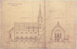 Heilmann & Littmann; München - Neuhausen, Dom- Pedro- Platz; Christuskirche und Pfarrhaus - Querschnitt, Längsschnitt