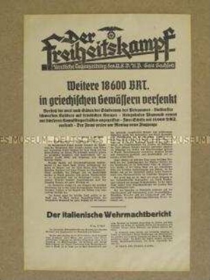 Nachrichtenblatt der Tageszeitung der NSDAP Sachsen "Der Freiheitskampf" über den deutschen Bombenangriff auf die eglische Hafenstadt Plymouth