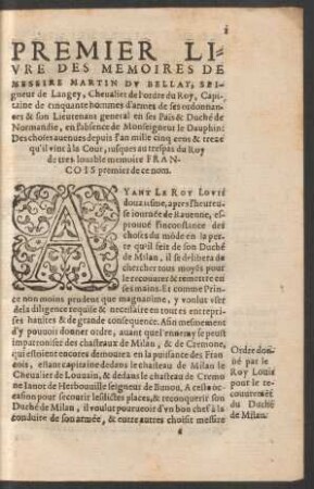 Premier Livre Des Memoires De Messire Martin Du Bellay, Seigneur de Langey ...