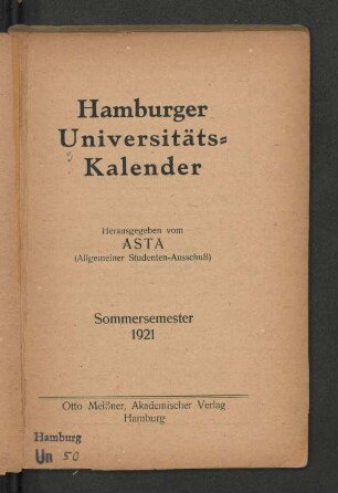 Sommersemester 1921: Hamburger Universitäts-Kalender