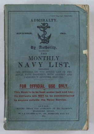The Navy List for September, 1915, Corrected to The 18th August, 1915.; The monthly Navy List