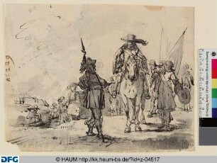 Offizier zu Pferd an der Seite seiner Mannschaft
