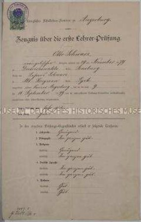 Zeugnis über die Erste Lehrer-Prüfung am Königlich Preußischen Schullehrer-Seminar für Otto Schwarz, mit Bestätigung der Regierung in Gumbinnen; Angeburg, 16. Sept. 1899