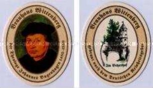 Bierdeckel des Brauhauses Wittenberg mit dem Porträt von Johannes Bugenhagen