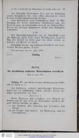 Gesetz, die Herstellung mehrerer Nebenbahnen betreffend. Vom 14. Juli 1884.